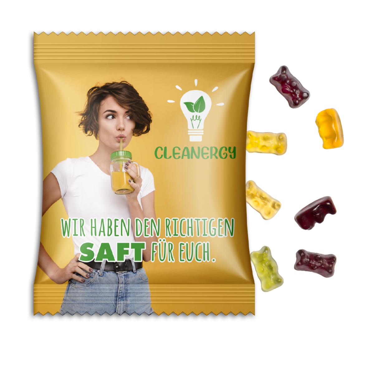Fruchtsaftbärchen im Werbetütchen | 10 g | Fruchtsaftbärchen | weiße kompostierbare Folie | 4c Euroskala