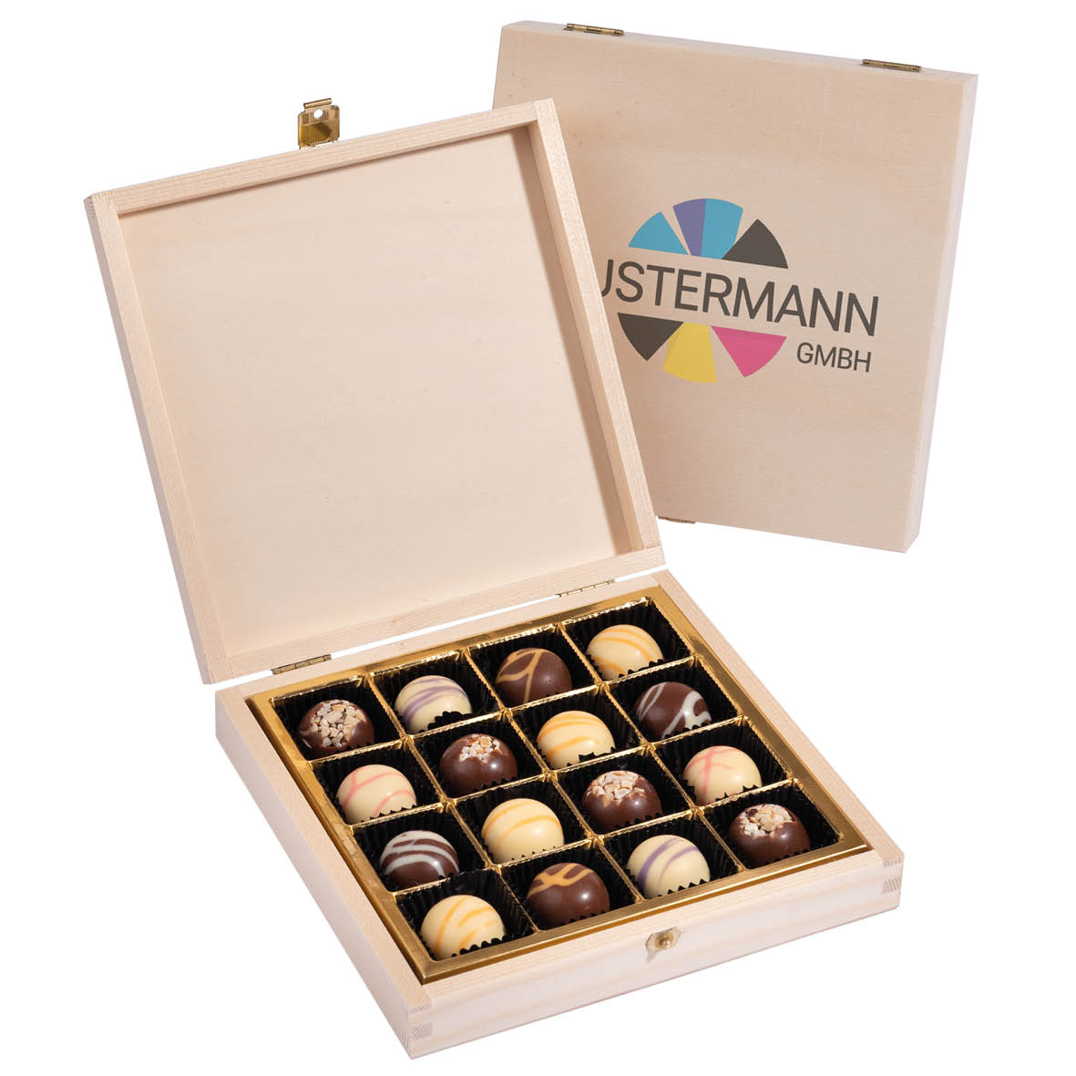 16 PREMIUM-PRALINEN IN QUADRATISCHER HOLZBOX