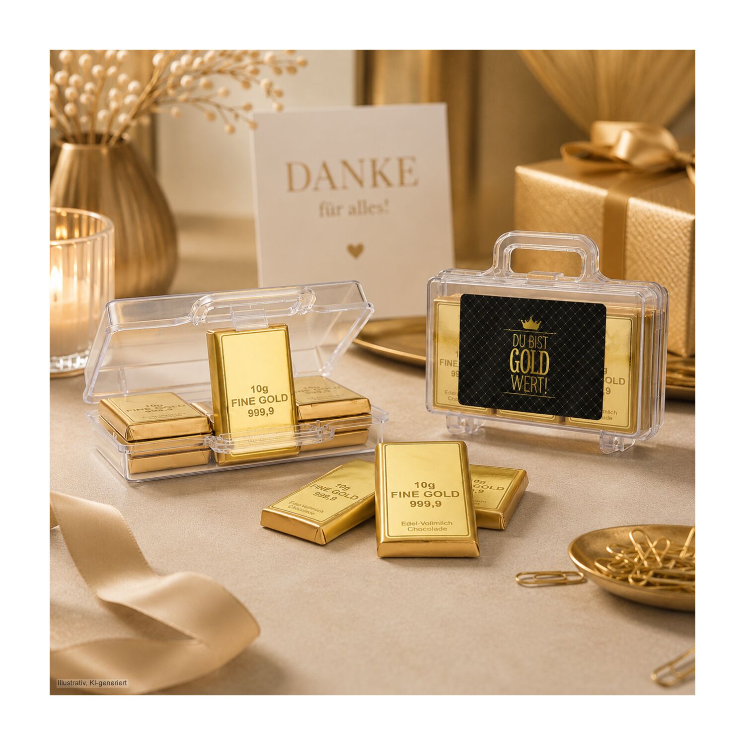 Geschenkartikel: Du bist Gold wert - Goldkoffer mit 12 Schokoladen Goldbarren (120 g)