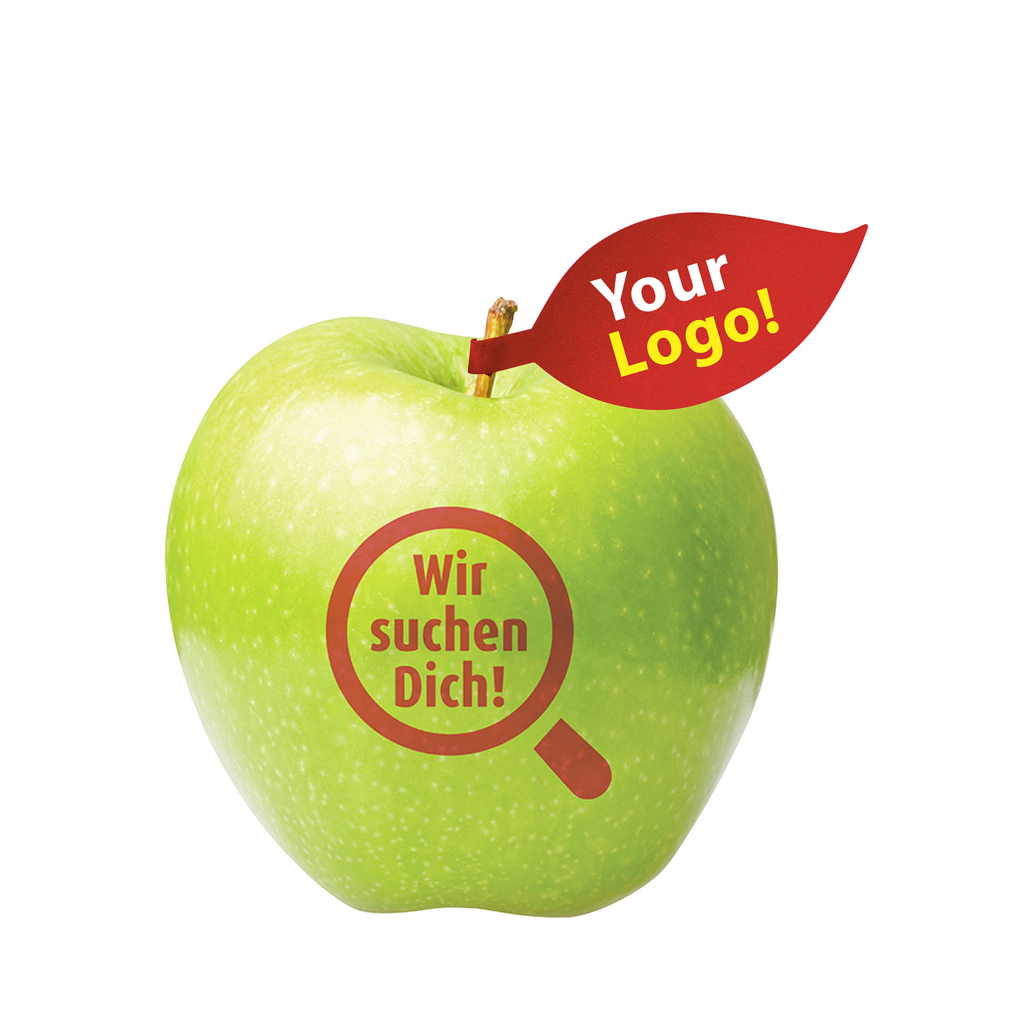 Apfel grün "Wir suchen Dich" mit Apfelblatt