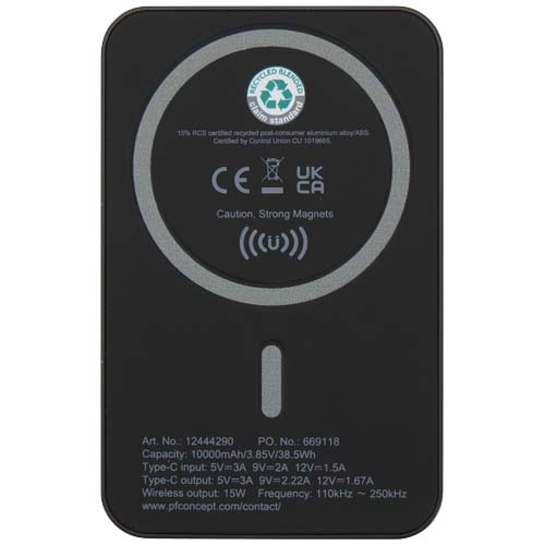 Acrab 15 W 10.000 mAh magnetische kabellose Powerbank mit 20 W PD aus recyceltem Kunststoff, schwarz