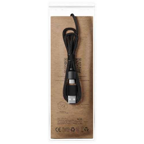SCX.design C38 40W 5-in-1 Ladekabel aus rPET in quadratischem Bambusgehäuse mit Leuchtlogo, blau, holz