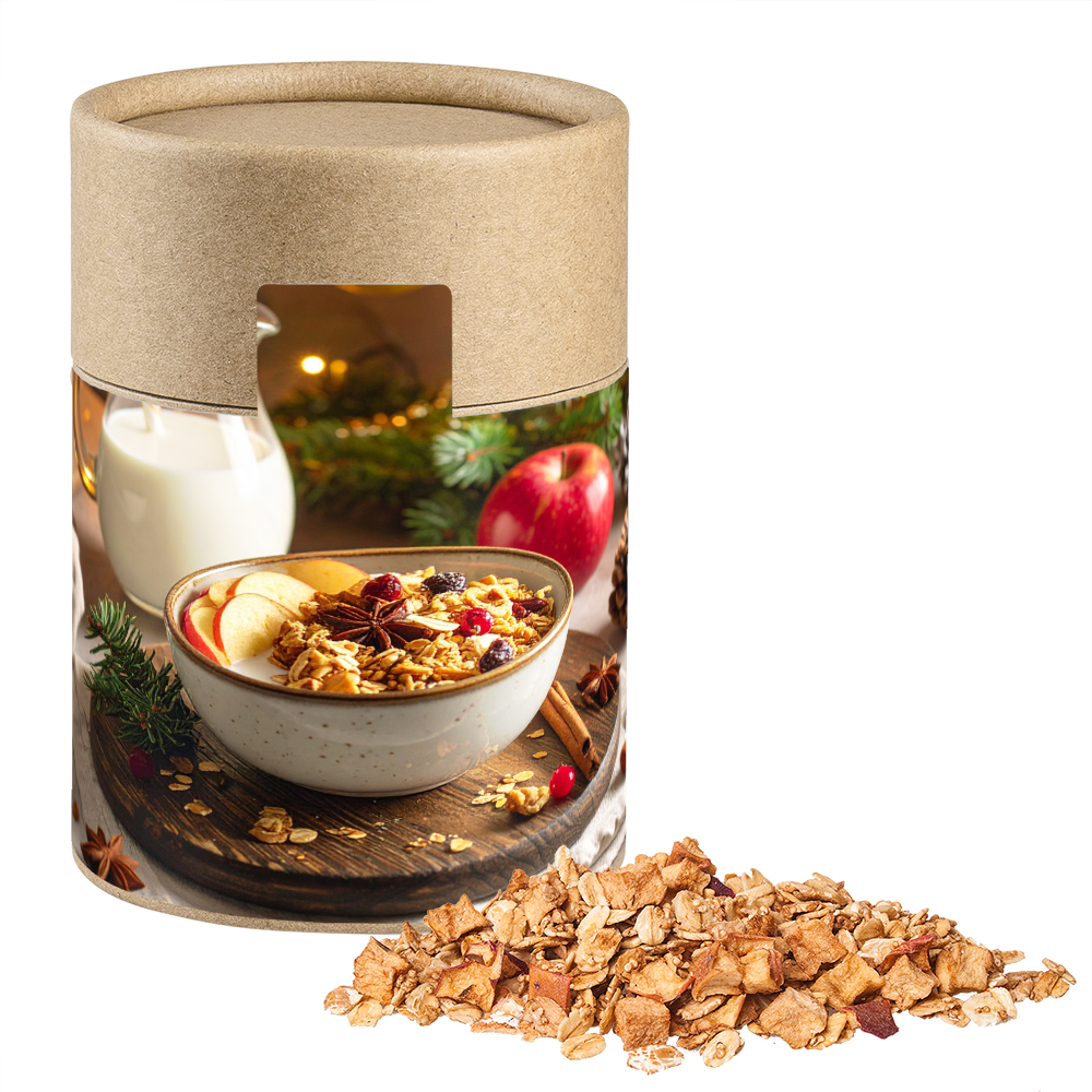 Crunchy Weihnachtsmüsli Apfel-Zimt, ca. 70g, Kraftpapierdose Midi