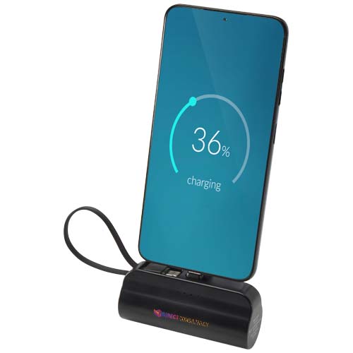 Alnair 10 W 5000 mAh Typ C Powerbank aus recyceltem Kunststoff mit integriertem Klappständer und 2 in 1 Kabel, schwarz