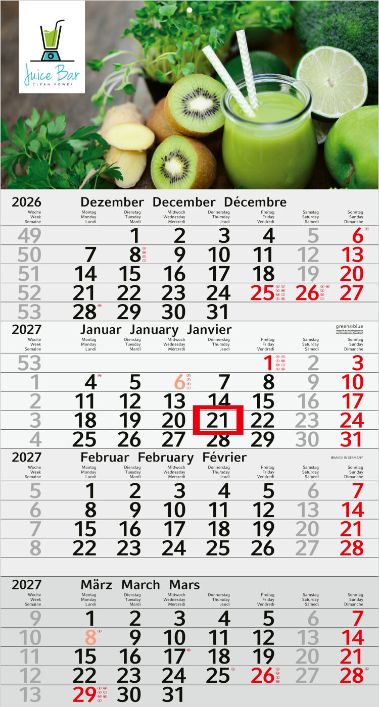 4-Monatskalender Einblatt Budget 4 Recycling-Kalendariumspapier Schrift leicht