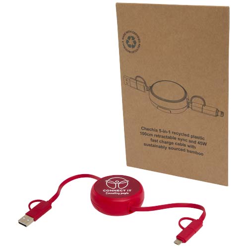 Alasia 100 cm 5-in-1 Kabel aus recyceltem Kunststoff und Aluminium, einziehbar, für Datenübertragung und mit 45W Schnellladun, rot