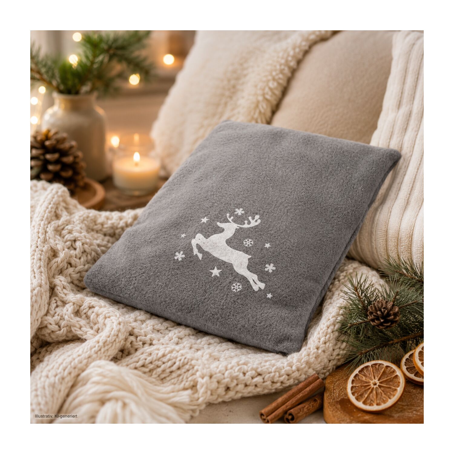 Wärmekissen Winterzeit Grau mit winterlichem Rentier-Motiv