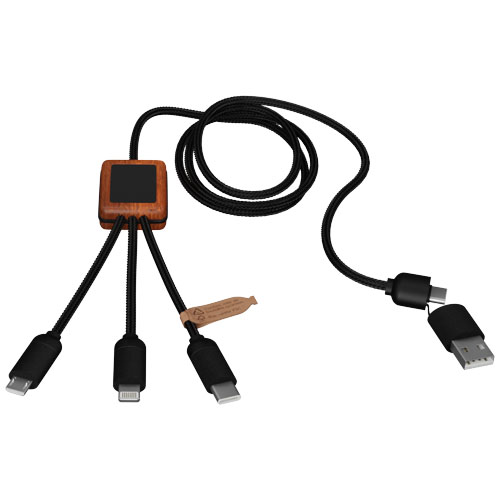 SCX.design C38 40W 5-in-1 Ladekabel aus rPET in quadratischem Bambusgehäuse mit Leuchtlogo, blau, holz