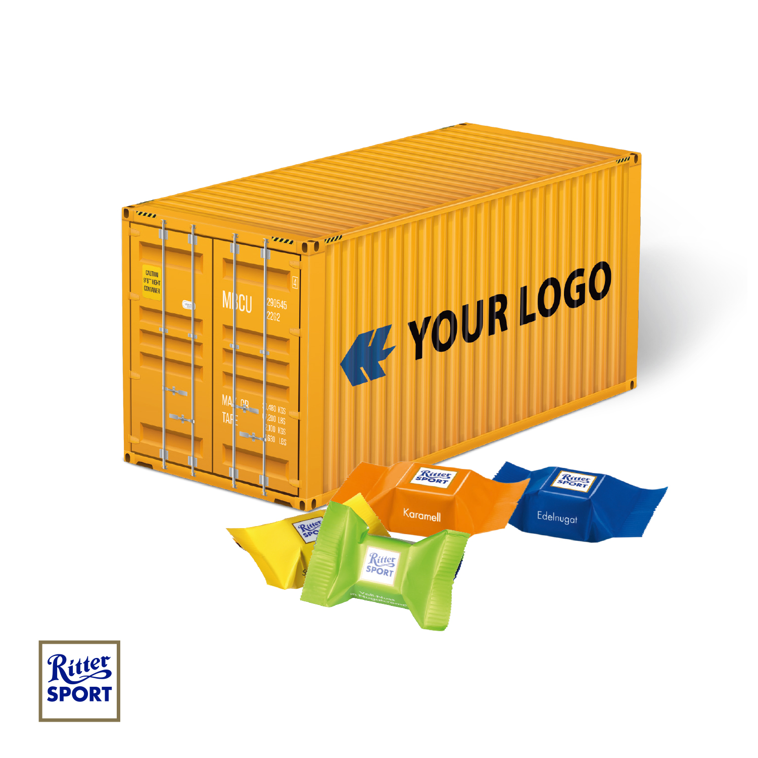 3D Präsent "Container" mit Ritter SPORT Schokowürfel