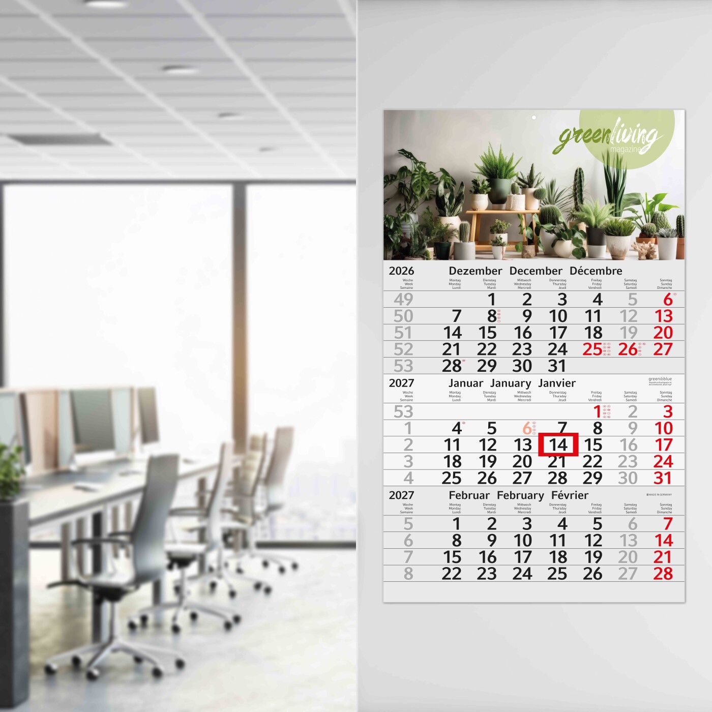 3-Monatskalender Einblatt Budget 3 Recycling-Kalendariumspapier, rot