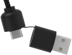 SCX.design C38 40W 5-in-1 Ladekabel aus rPET in quadratischem Bambusgehäuse mit Leuchtlogo, blau, holz