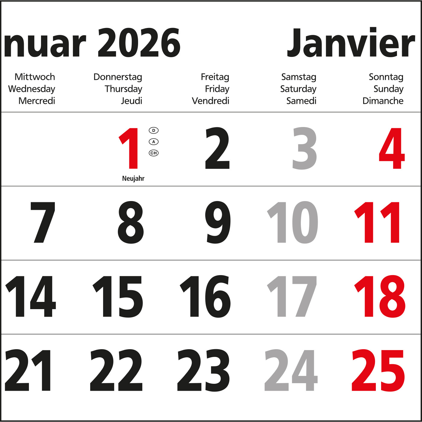 5-Monatskalender Einblatt Budget 5 großer laufender Monat