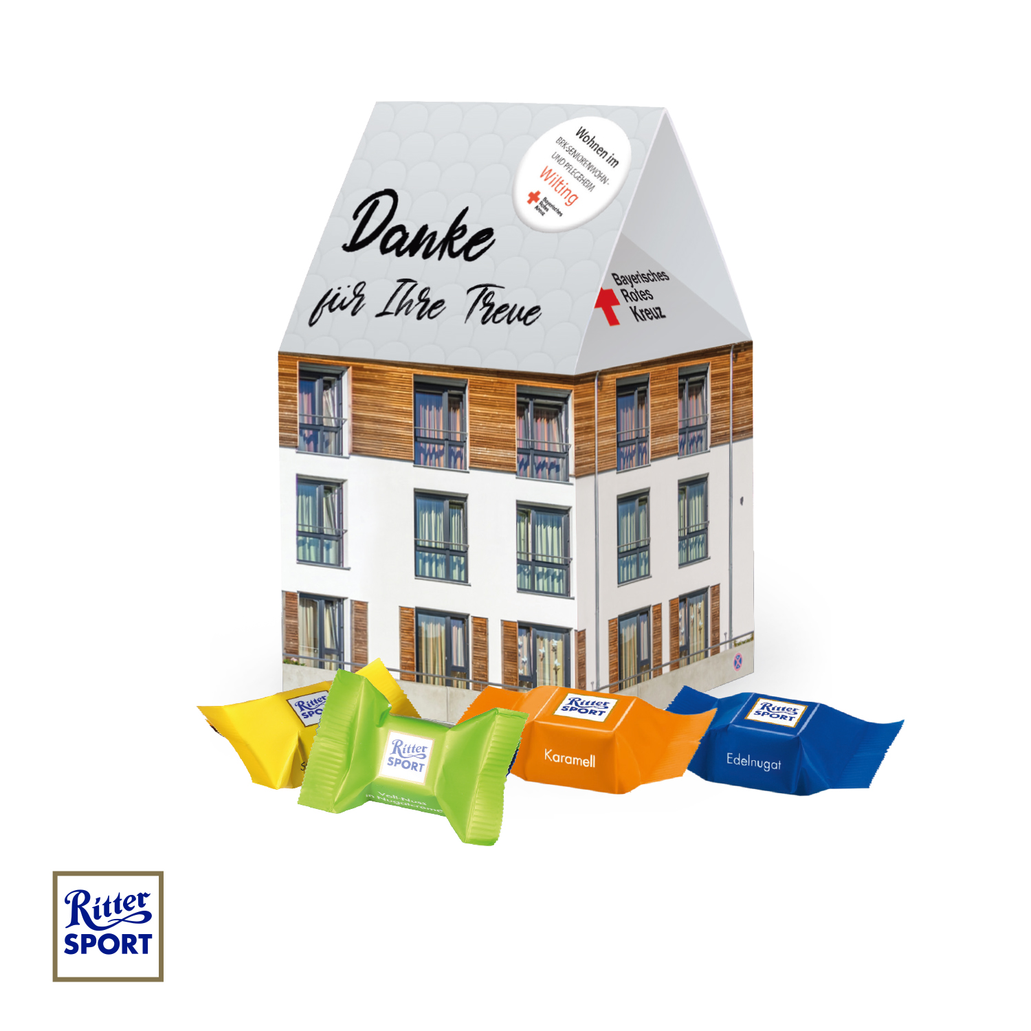 3D Präsent "Haus" mit Ritter SPORT Schokowürfel