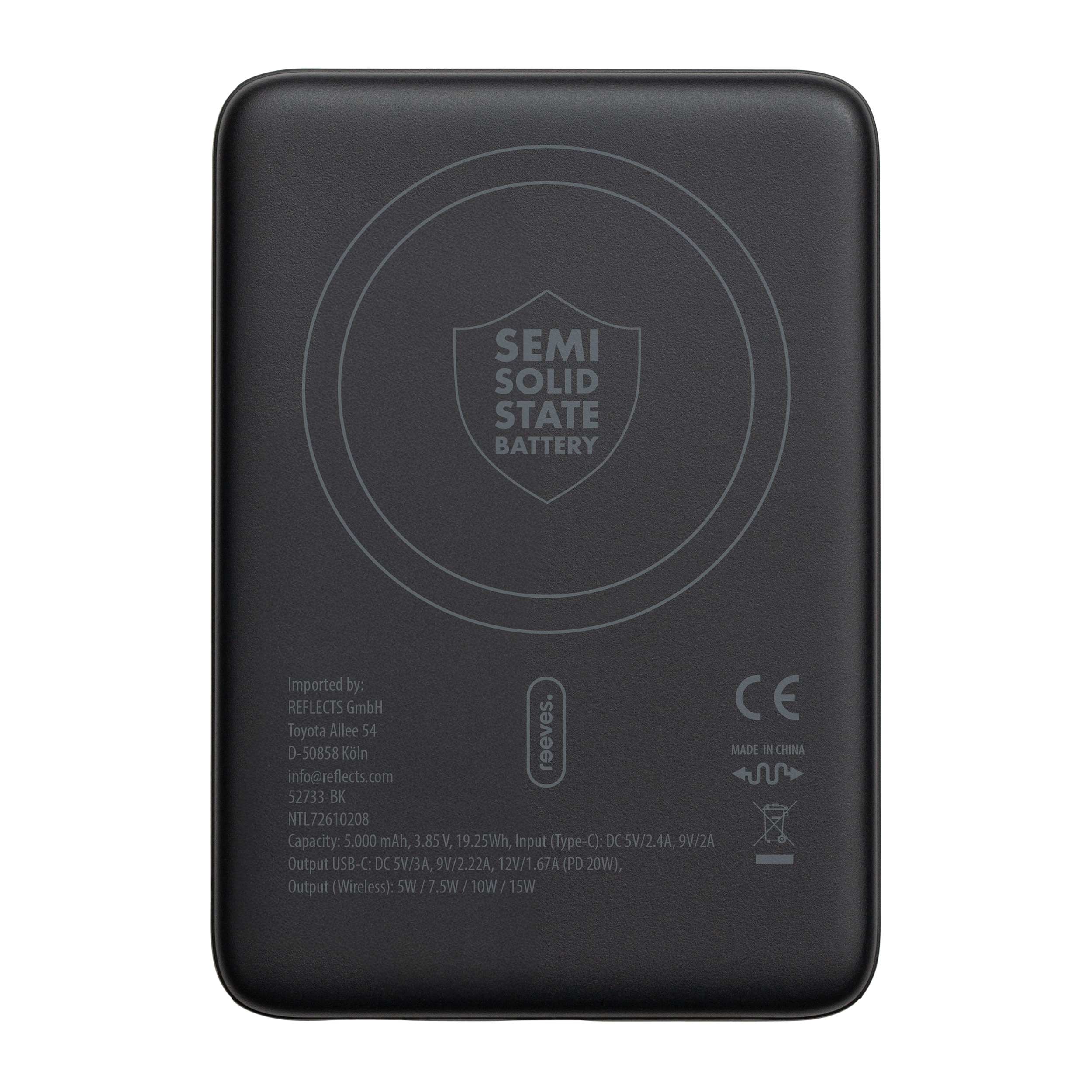 Magnetische 15W Wireless Powerbank REEVES-WATTRON Plus V - 5000 mAh, Schwarz