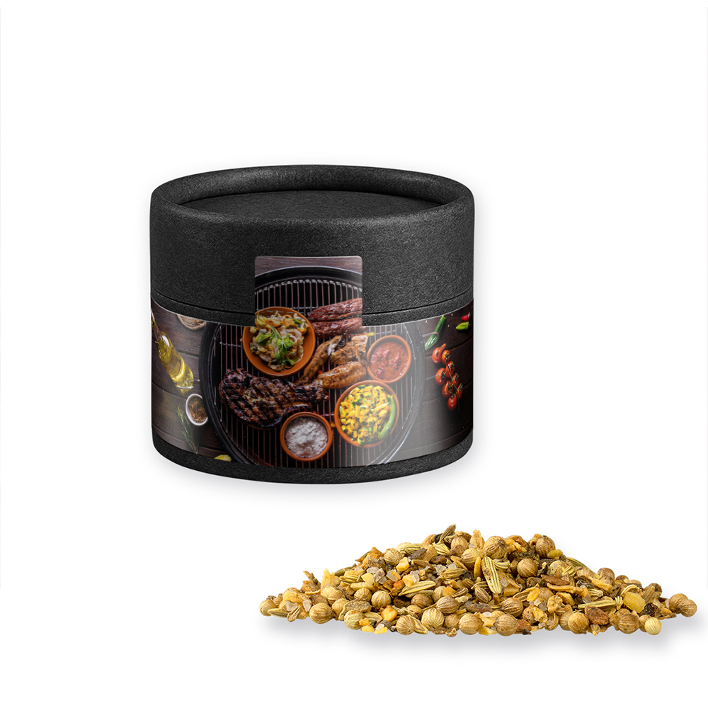 Gewürzmischung African BBQ, ca. 40g, Kraftpapierdose Mini schwarz