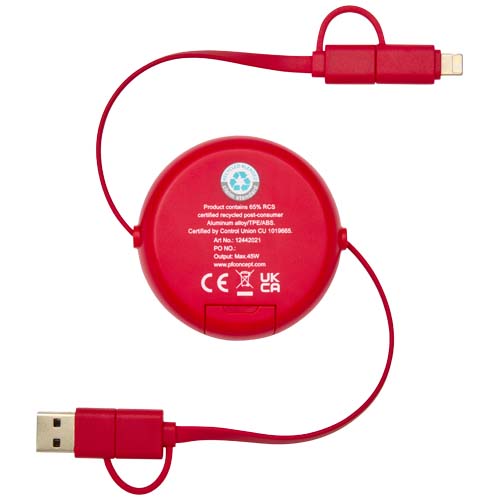 Alasia 100 cm 5-in-1 Kabel aus recyceltem Kunststoff und Aluminium, einziehbar, für Datenübertragung und mit 45W Schnellladun, rot