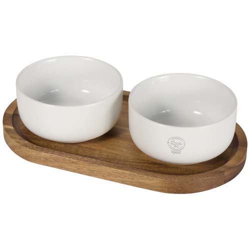 Noa Set aus Holztablett und Keramik- Servierschalen