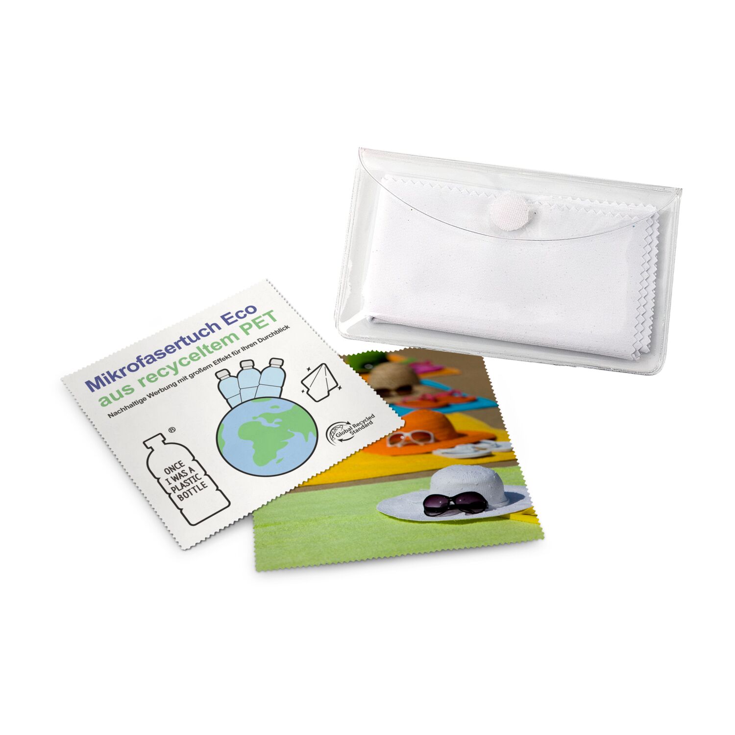 Brillenputztuch rPET - Mikrofasertuch, verschiedene Größen, transp. Schutzetui&Klettpunkt