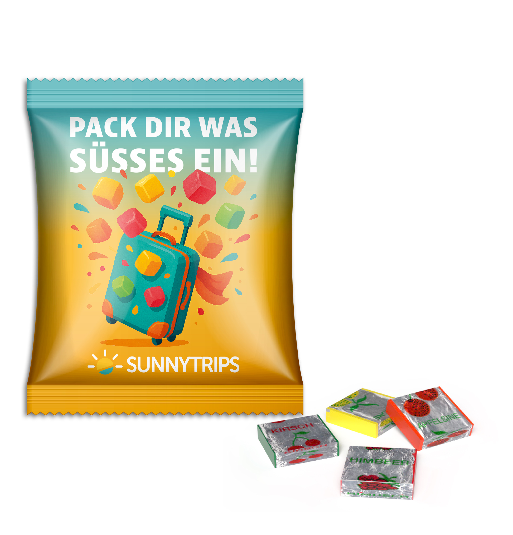 Fruchtkaramellen im Werbetütchen | 20 g | weiße kompostierbare Folie | 4c Euroskala
