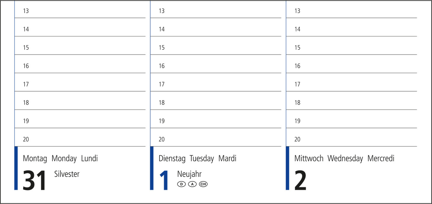 Tisch-Querkalender Compact 1 Woche = 2 Seiten 8–20 Uhr