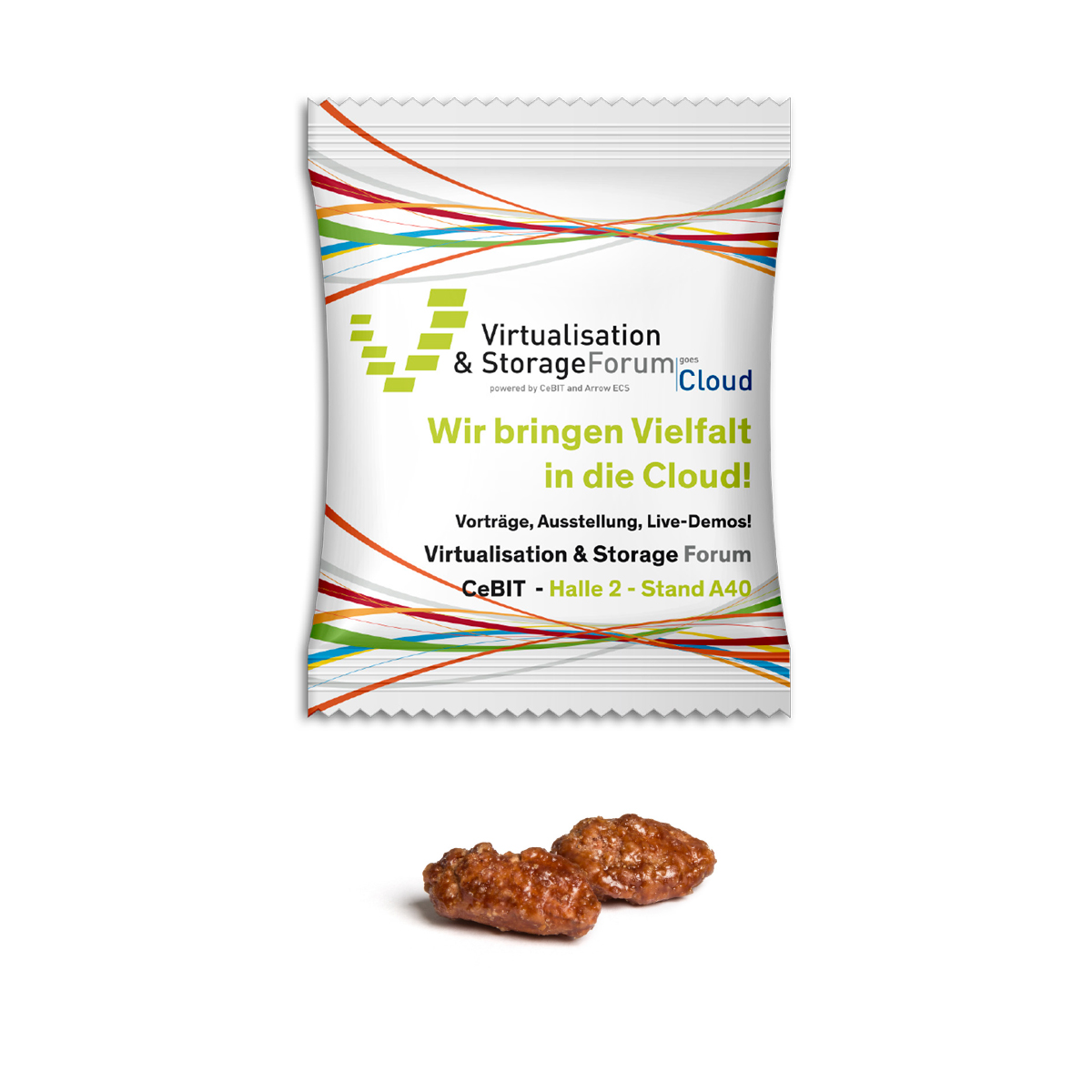 Gebrannte Mandeln im Werbetütchen | 10 g | Gebrannte Mandeln | weiße kompostierbare Folie | 4c Euroskala