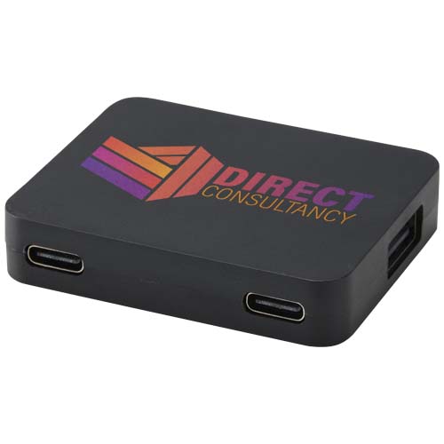 Gaia 4 Port USB Hub mit USB-A- und Typ-C-Ausgang und zwei Eingängen aus recyceltem Kunststoff, schwarz