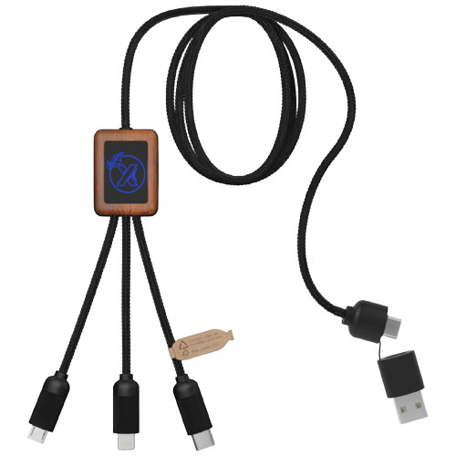 SCX.design C38 40W 5-in-1 Ladekabel aus rPET in quadratischem Bambusgehäuse mit Leuchtlogo