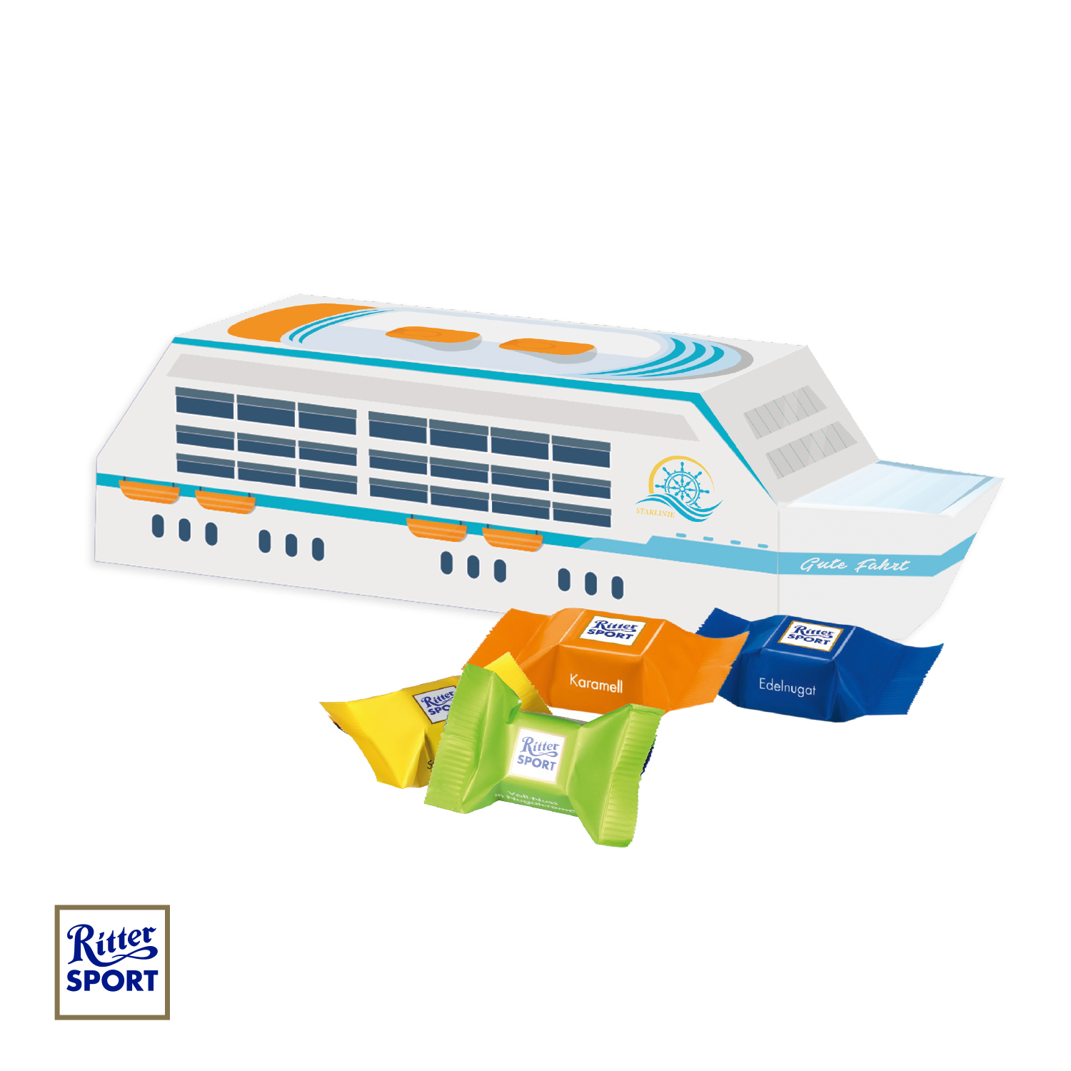 3D Präsent "Schiff" mit Ritter SPORT Schokowürfel