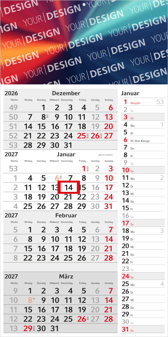 4-Monatskalender Einblatt Konzept 4 Post mit Streifenkalendarium