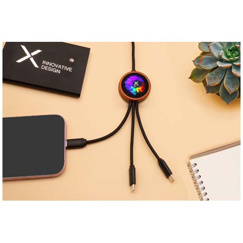 SCX.design C37 40W 5-in-1 rPET Ladekabel in rundem Bambusgehäuse mit Leuchtlogo