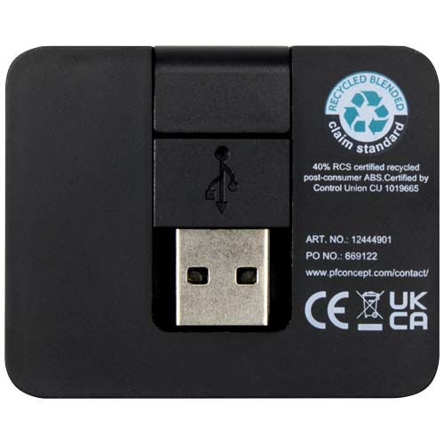 Gaia 4 Port USB Hub mit USB-A- und Typ-C-Ausgang und zwei Eingängen aus recyceltem Kunststoff, schwarz