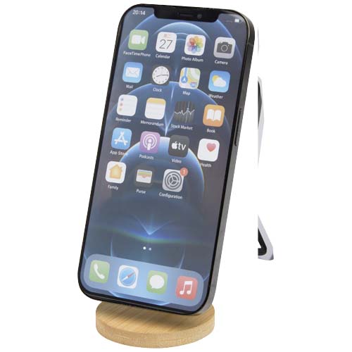 Alcor Klappbare magnetische Smartphonehalterung aus recyceltem Kunststoff mit Bambusdetails, weiss