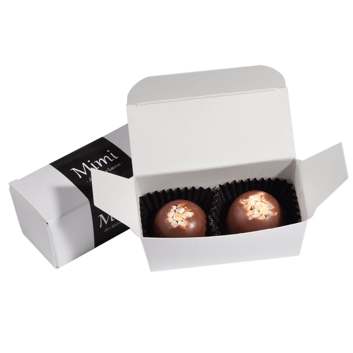 2 PRALINEN IN EDLER KARTONAGE / Nuss-Nougat
