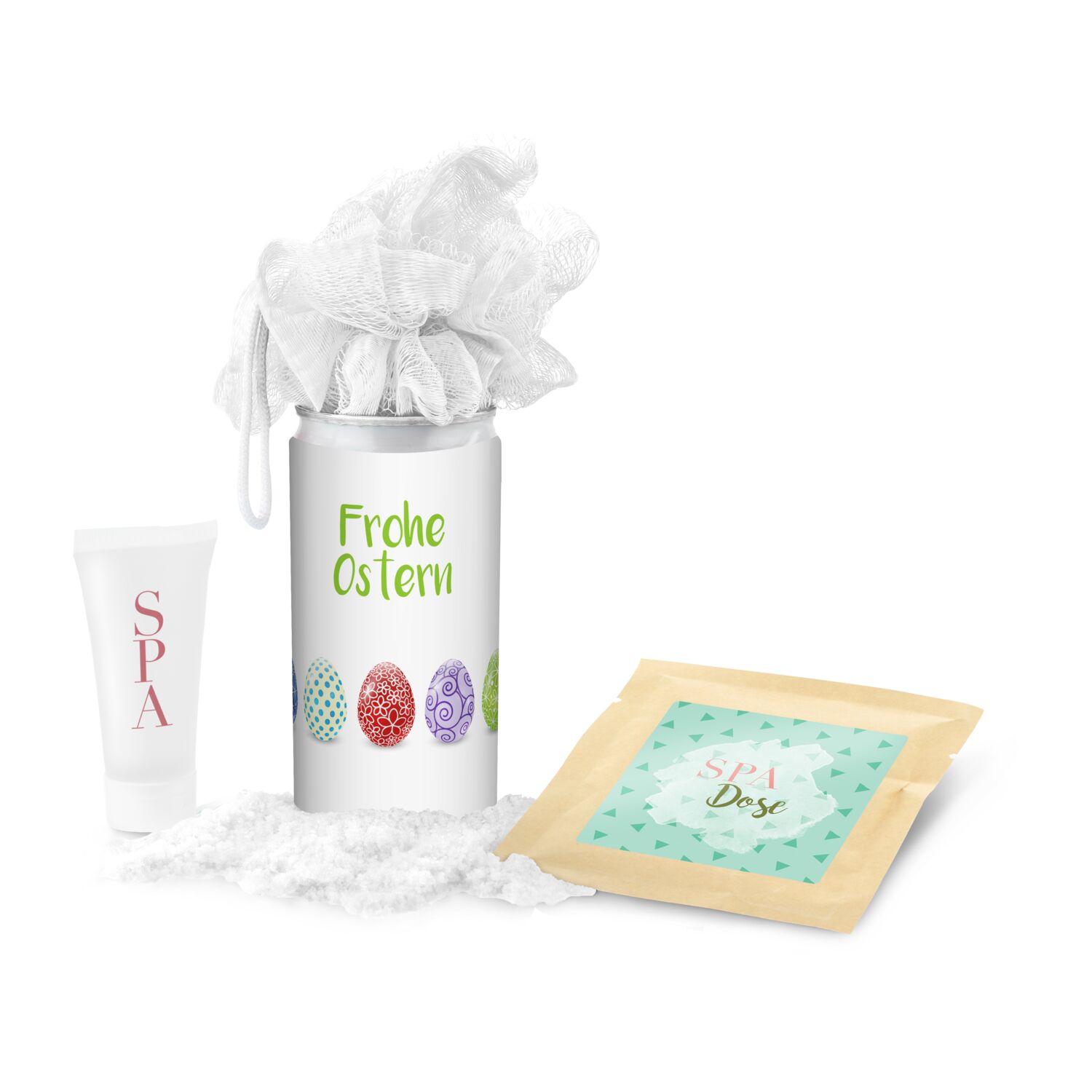 Geschenkset / Präsenteset: SPA Dose Ostern - Etikett Frohe Ostern - EierReihe