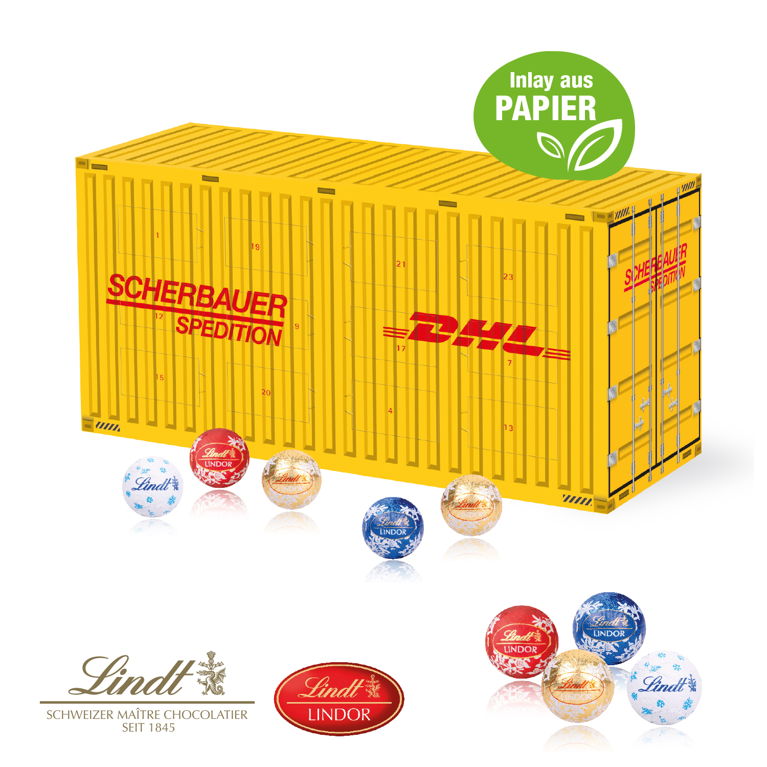 3D Adventskalender "Container" mit Lindt Schokolade mit Papier-Inlay