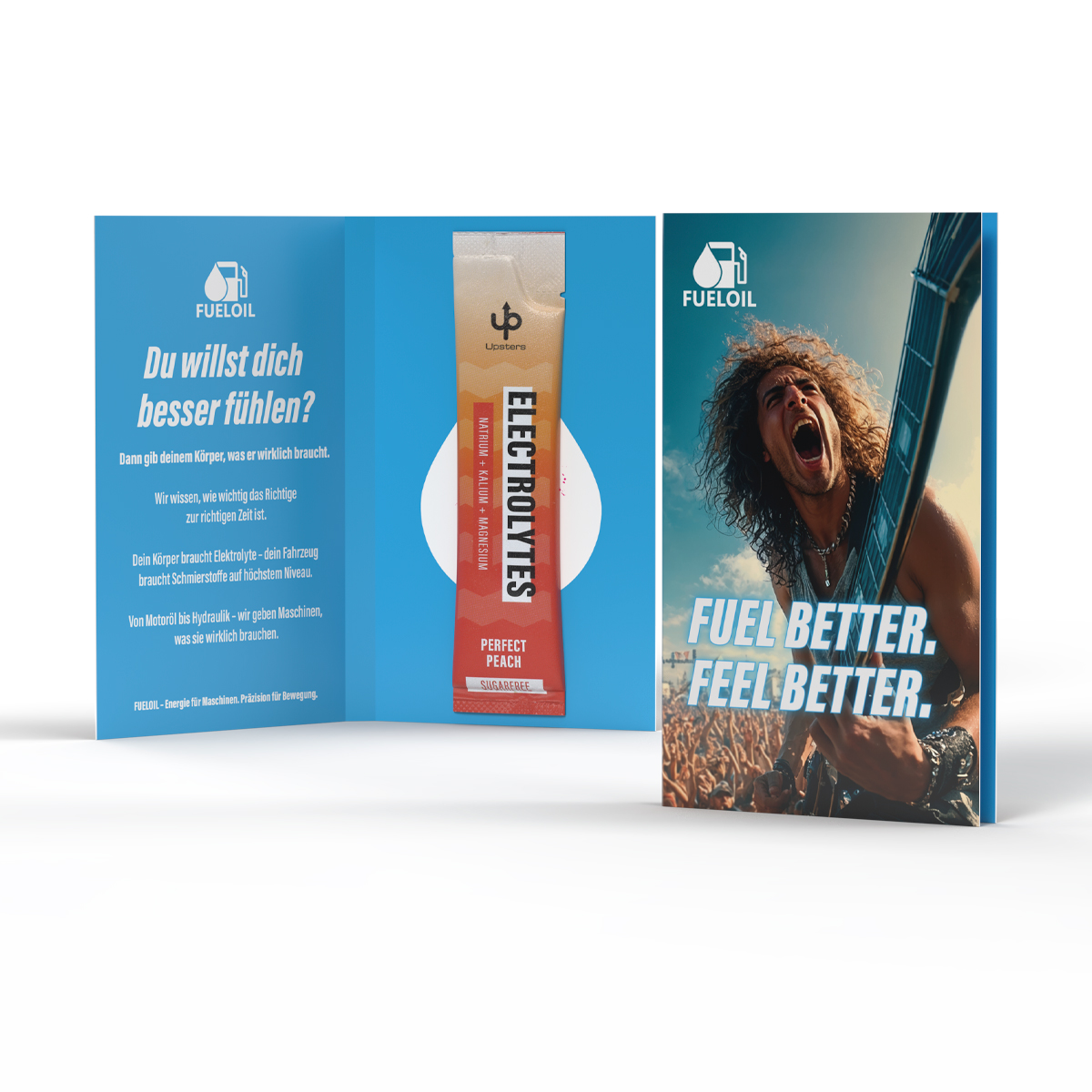 Upsters Electrolytes Stick in Werbeklappkarte | 6,5 g | PERFECT Peach | Stick im individuellen Design | 4c Euroskala