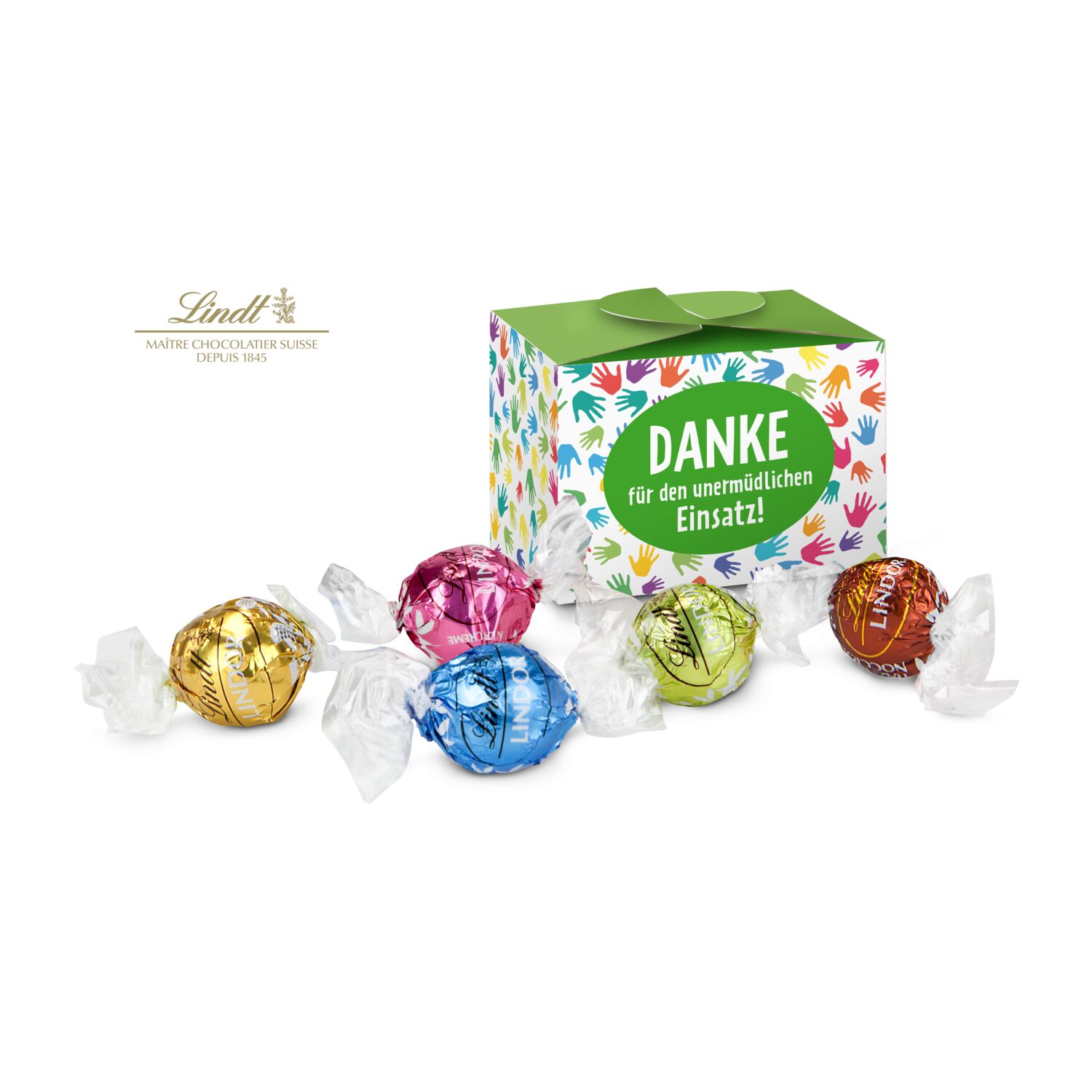 Geschenkartikel: Lindt süßes Danke, Pralinenschachtel mit bunten Händen, 5 Lindorkugeln