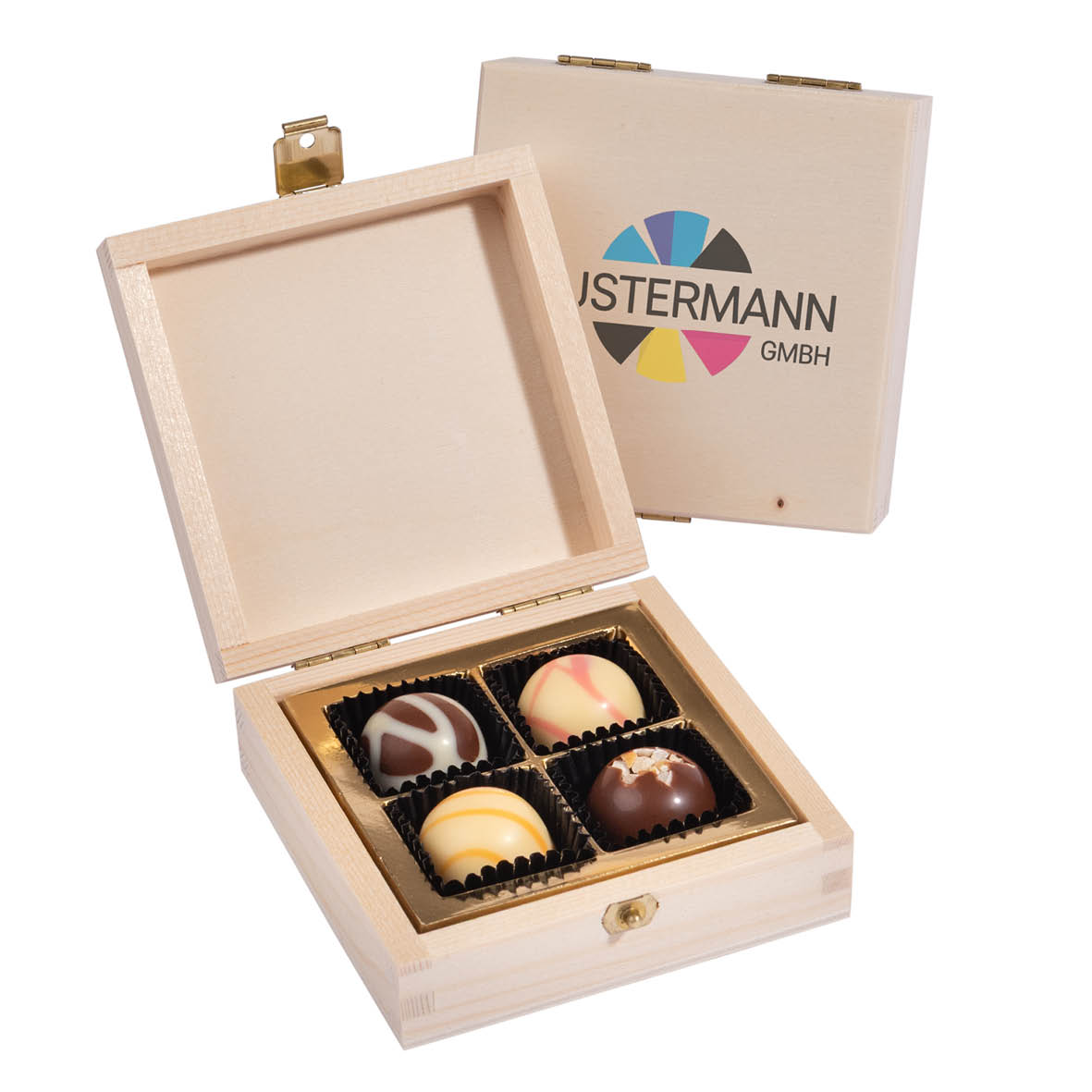 4 PREMIUM-PRALINEN IN QUADRATISCHER HOLZBOX