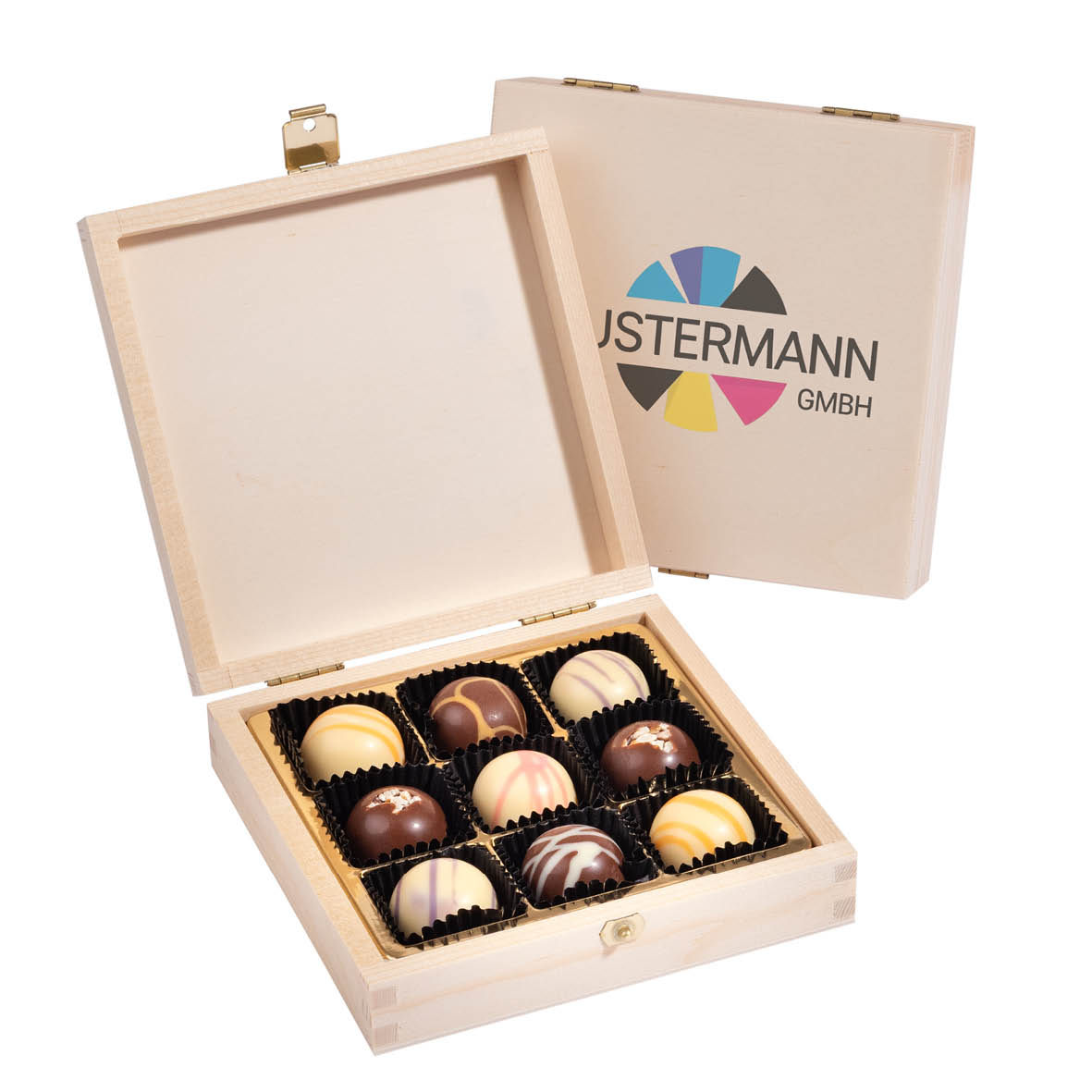 9 PREMIUM-PRALINEN IN QUADRATISCHER HOLZBOX