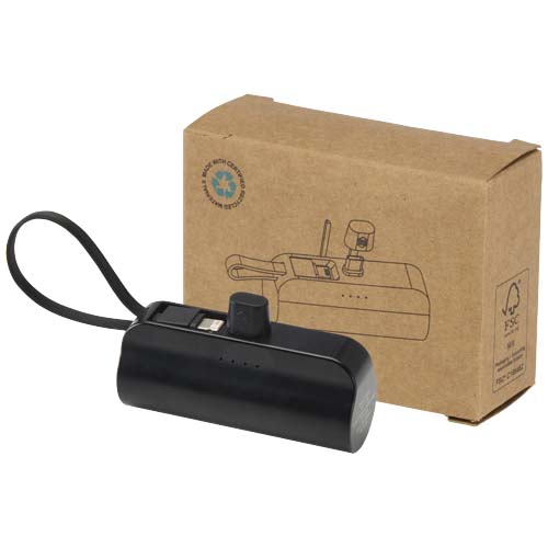 Alnair 10 W 5000 mAh Typ C Powerbank aus recyceltem Kunststoff mit integriertem Klappständer und 2 in 1 Kabel, schwarz