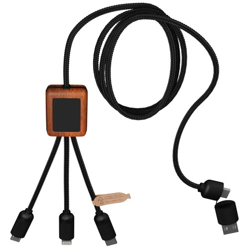 SCX.design C38 40W 5-in-1 Ladekabel aus rPET in quadratischem Bambusgehäuse mit Leuchtlogo, blau, holz