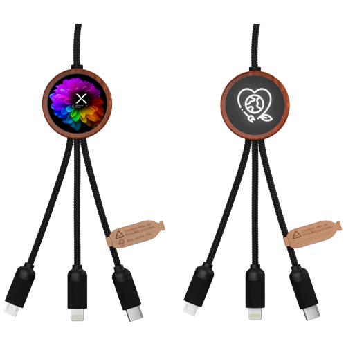 SCX.design C37 40W 5-in-1 rPET Ladekabel in rundem Bambusgehäuse mit Leuchtlogo