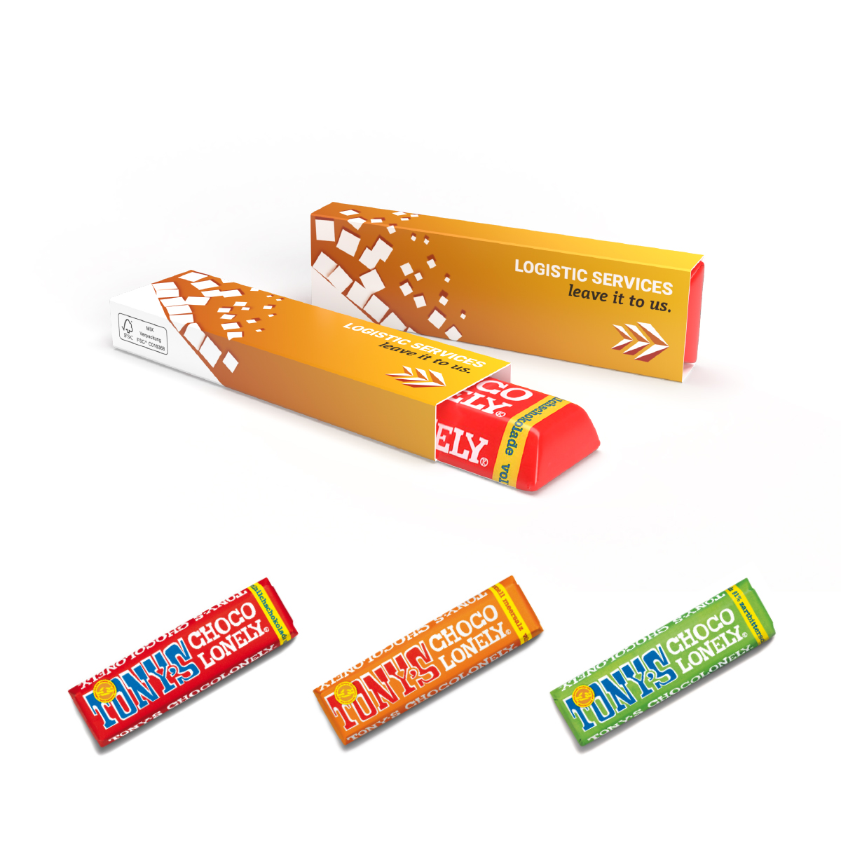 Tony's Chocolonely Riegel im Werbeschuber