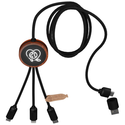 SCX.design C37 40W 5-in-1 rPET Ladekabel in rundem Bambusgehäuse mit Leuchtlogo