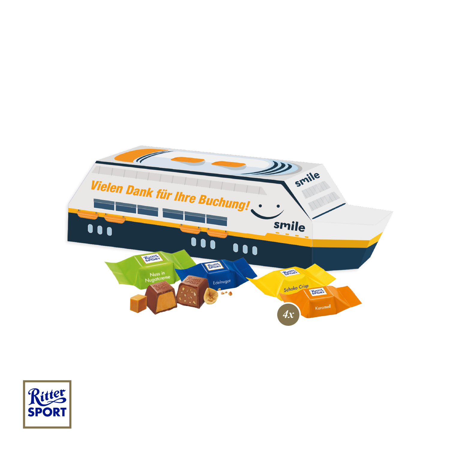 3D Präsent "Schiff" mit Ritter SPORT Schokowürfel