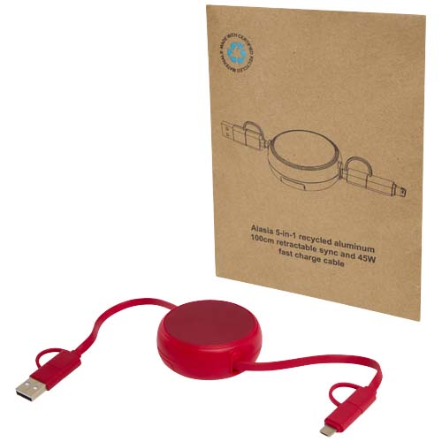 Alasia 100 cm 5-in-1 Kabel aus recyceltem Kunststoff und Aluminium, einziehbar, für Datenübertragung und mit 45W Schnellladun, rot