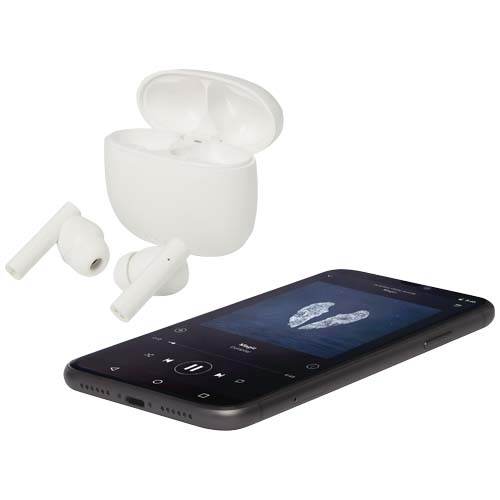 Alterf True Wireless Bluetooth® Headset aus recyceltem Kunststoff mit Silikon-Ohrstöpseln, weiss
