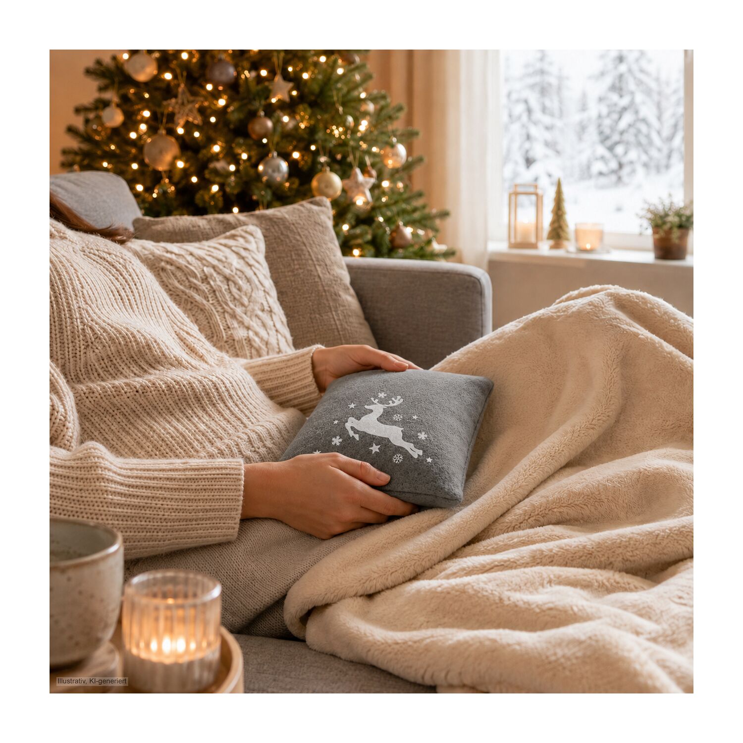 Wärmekissen Winterzeit Grau mit winterlichem Rentier-Motiv