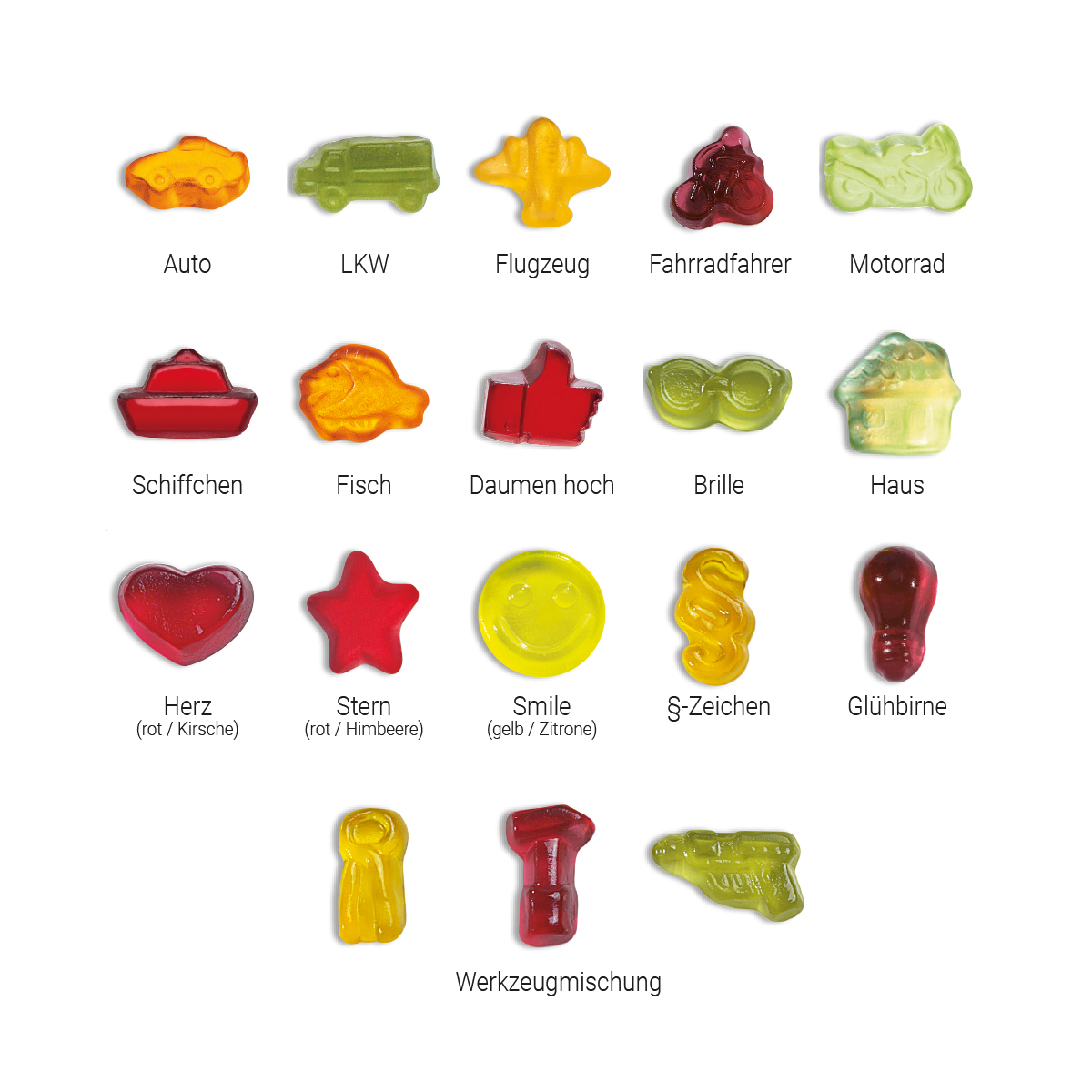 Fruchtgummi Standardformen | 10 g | Auto | transparente kompostierbare Folie | 4c Euroskala