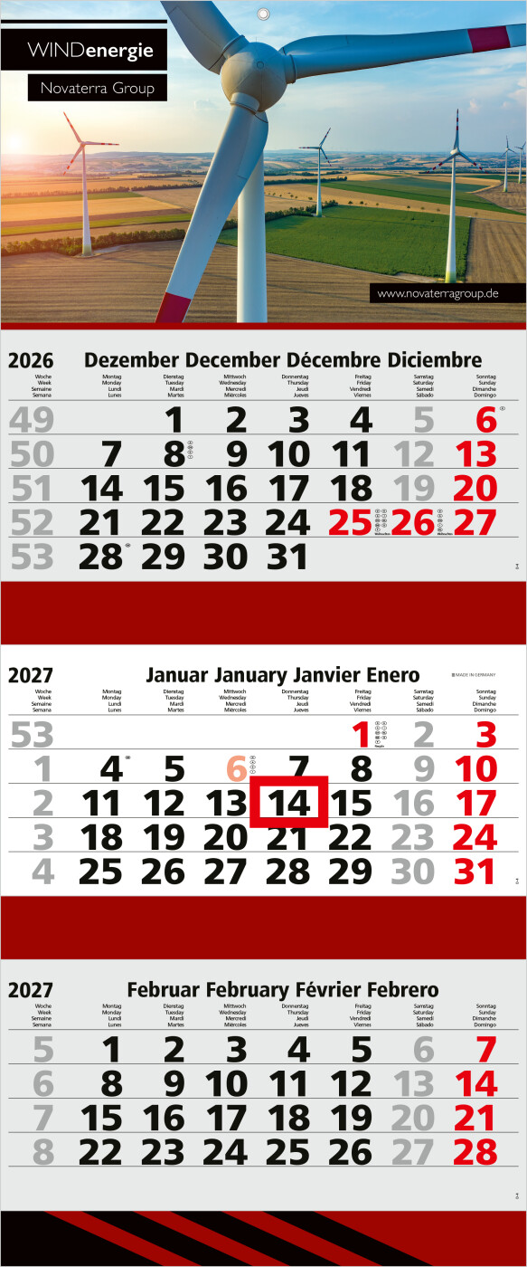 3-Monatskalender Mehrblock Maxi 3 Post Extra-Breite 335 mm